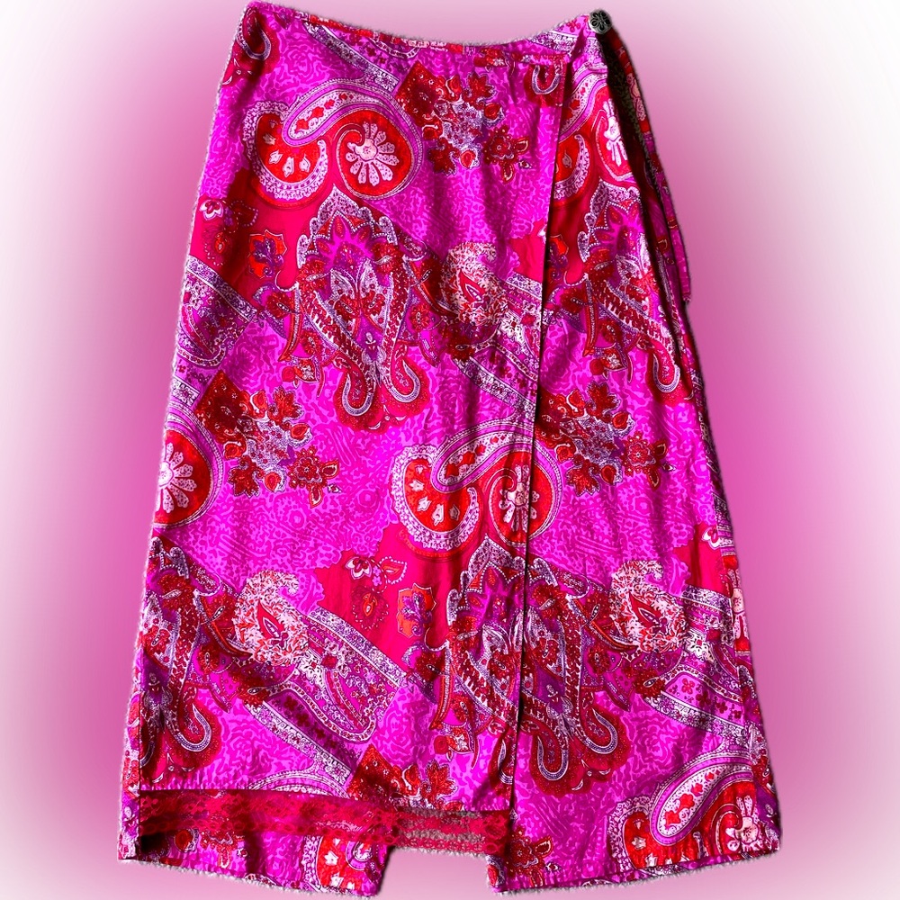 Wrap around skirt & pants combo in bright paisley pinks w/red lace trim